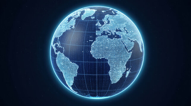 digital wireframe of Earth in glowing blue, showcasing continents and grid lines, evokes sense of global connectivity and technology