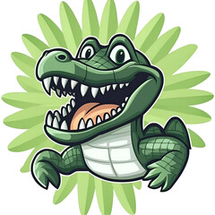 Obraz premium Playful Cartoon Crocodile Character with a Big Smile Surrounded by Tropical Leaves on a Transparent Background