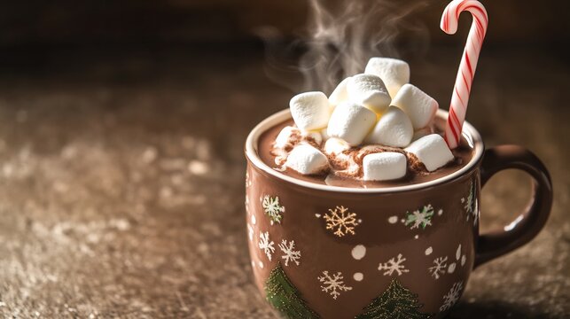 Hot chocolate marshmallows in a Christmas themed mug A steaming cup of cocoa topped with whipped cream marshmallows and a candy cane stirrer