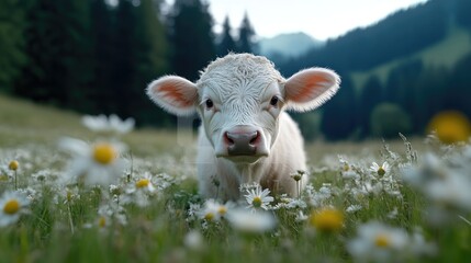 Obraz premium A sweet, innocent calf surrounded by wildflowers in a lush meadow