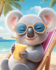 relaxed koala wearing shades enjoys smoothie on beach, radiating joy and tranquility in sunny tropical setting
