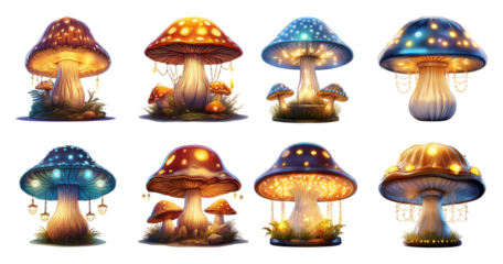 Colorful Fantasy Mushrooms with Magical Glow and Unique Shapes, PNG bundle collection, Isolated on Transparent Background