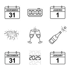 New Year's Eve 2025 Minimalist Black and White Icons