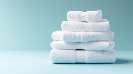 Stack of White Bath Towels Soft Bright Lighting Studio Shot Neatly Folded Cleanliness Concept Pastel Blue Background Pure Calming Tones Ideal for Hotel Marketing