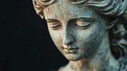 Serene Stone Angel Sculpture Closeup Detailed Weathered Antique Gray Tranquil Peaceful Elegant Mysterious Spiritual Religious Art Statue Headshot Face Hope Calm Loss Woman Grace Faith Grief Light     