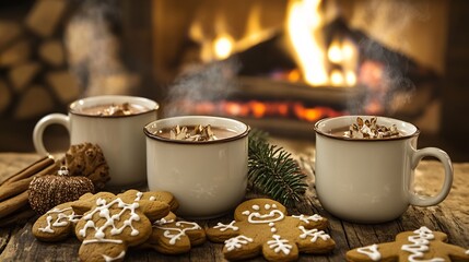 Hot cocoa cookies by the fire A cozy holiday setting with steaming mugs of cocoa festive gingerbread cookies and a warm crackling fireplace
