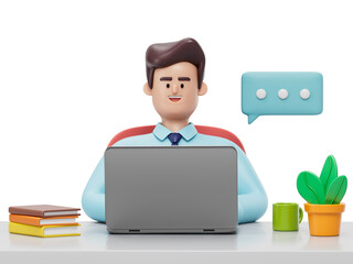 A man sits at a desk with a laptop,  symbolizing a comfortable and personalized workspace. 3D rendering, conceptual image. Isolated on white background.