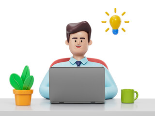 A man sits at a desk with a laptop, symbolizing a comfortable and productive work environment. 3D rendering, conceptual image. Isolated on white background.