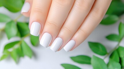 Close-up of manicured hands with white nails