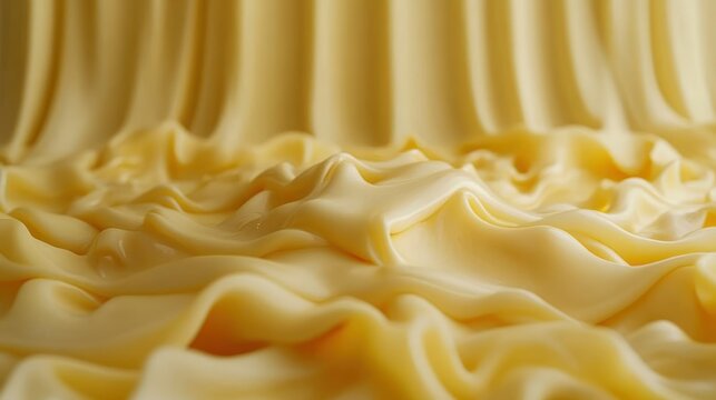 Creamy, flowing cheese texture.  A close-up view of a smooth, golden cheese, cascading in soft folds and curves.  The light highlights the rich, buttery texture