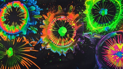 Bright Neon Colors Radiating Circular Patterns Against a Black Canvas ideal for abstract art displays event promotions and music album covers
