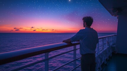 Serene Sunset View from Cruise Ship with Man Gazing at Ocean Horizon