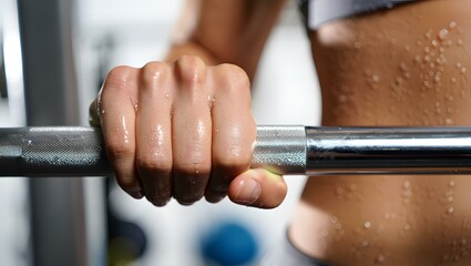 Sweaty hand gripping a textured metal bar during workout in a gym