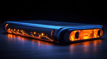 Futuristic Device with Glowing Orange Lights and Advanced Technology Features