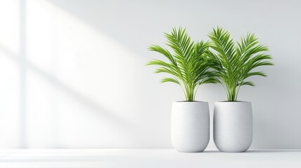 Obraz premium Minimalist interior with potted palms. Sunlight streams through a window, highlighting the plants in simple white pots against a white wall