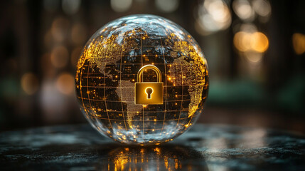 A glowing globe with a digital padlock representing global cybersecurity and digital protection, set against a dark background. Symbolizing the fusion of technology, security, and the digital world.

