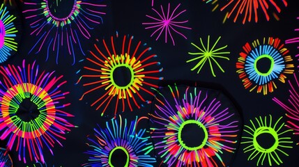 Bright Neon Colors Radiating Circular Patterns Against a Black Canvas ideal for abstract art displays event promotions and music album covers