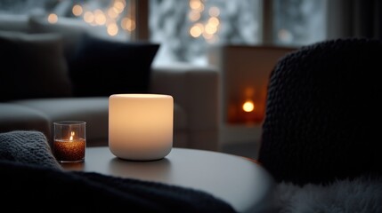 Cozy winter evening ambiance.  Warm light illuminates a modern lamp on a coffee table, alongside a traditional candle. Soft lighting, warm colors, and wintery scenery set a tranquil scene