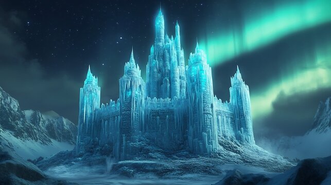 Ice castle fantasy landscape magnificent castle made entirely of ice glowing blue and white under the Northern Lights