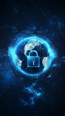 A glowing globe with a digital padlock representing global cybersecurity and digital protection, set against a dark background. Symbolizing the fusion of technology, security, and the digital world.

