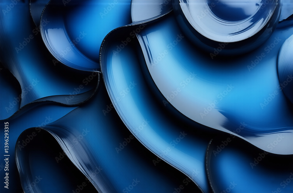 Poster glossy, smooth, blue abstract shapes flow and curve, creating a dynamic and modern visual texture wi
