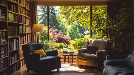 Fototapeta premium Cozy reading room showing two armchairs and a large window
