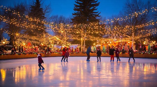 Ice skating a frozen lake surrounded by Christmas lights A magical winter moment with families and couples enjoying ice skating under holiday decorations