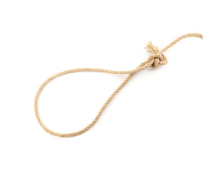 Lasso made of cotton rope isolated on white, top view
