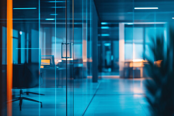 Modern Office Interior Design Glass Walls, Blue Lighting, Workspace