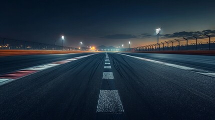 Night Race Track Asphalt Road Dramatic Scene Stunning View Illuminated Race Circuit Empty Speedway Professional Photography Dark Blue Night Sky Background Image car fast tire lines sport marks racing 