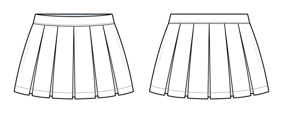 Basic Pleated Mini Skirt Technical Fashion Illustration. Short Skirt Vector Template. Front and Back View. High-Waist Clean Waistband. School Uniform Style. White Color. CAD Mockup Set.