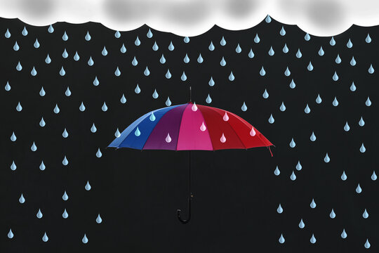 Bright umbrella protecting from pouring rain. Illustration of cloud and drops on black background