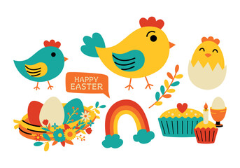 Cute set of Easter stickers and illustrations in flat style. Set of spring elements and Easter attributes, chickens, eggs, cake, basket. Stickers for printing and decor. Christian celebrations.