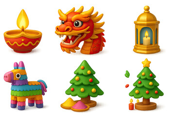 Obraz premium 3D-style icons of cultural holidays: Diwali lamp, Lunar New Year dragon, Hanukkah menorah, Eid lantern Piñata, Holi colors, Christmas tree, Kwanzaa candle. Festive international 3D theme