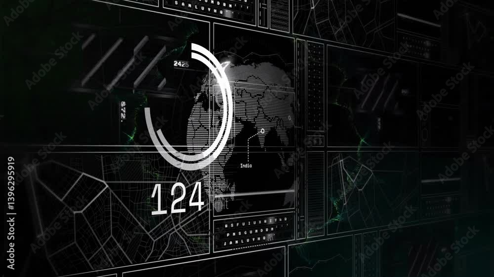 Poster animation of futuristic digital world map with data and graphs overlaying interface