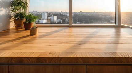 Fototapeta premium top view of empty clean wooden kitchen countertop standing near window, table, desk, place for layout, copy space, furniture, pots with plants, home flower