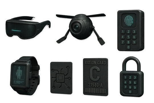 3D icons of dystopian tech: visor, surveillance drone, cyber implant, biometric pad wrist scanner, ID chip, ration card, digital lock. Dark futuristic 3D texture