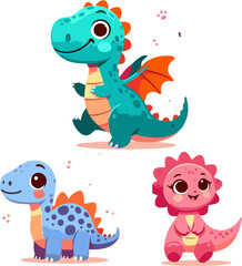 Obraz premium Cute Cartoon Baby Dinosaurs - Prehistoric Animal Vector Collection