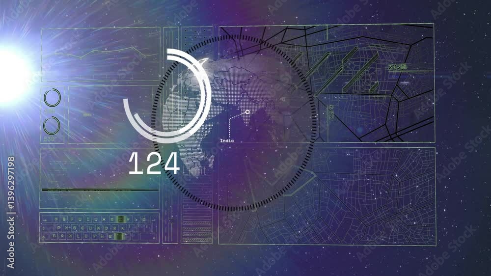 Aufkleber animation of digital interface with data charts and world map over cosmic background
