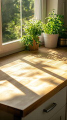Fototapeta premium top view of empty clean wooden kitchen countertop standing near window, table, desk, place for layout, copy space, furniture, pots with plants, home flower