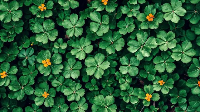 Lush ground cover of creeping perennial plants with small orange flowers creating a natural green botanical pattern