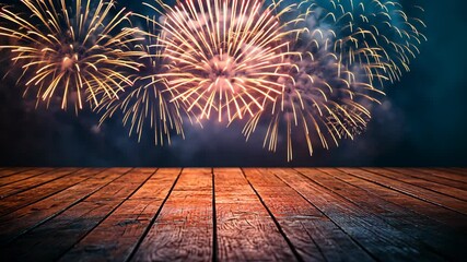 Golden fireworks exploding in the dark night sky over a reflective brown wooden surface for a festive background and celebration mood. - Powered by Adobe