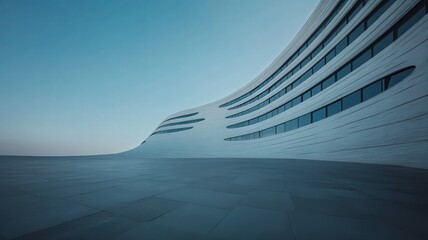 Abstract Architecture Featuring a Wavy White Building Facade with Pixel Elements Under a Blue Sky in a Modern Geometric Design