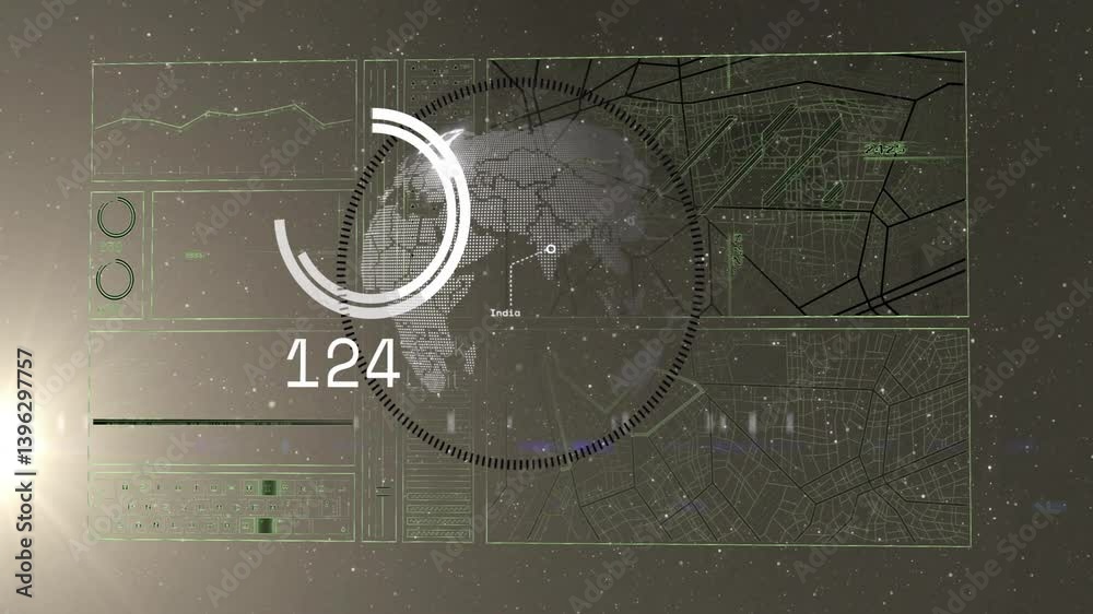 Poster digital globe and data processing animation over green technical schematics