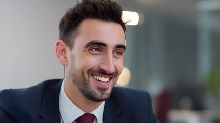 A happy businessman listens intently in a formal setting, embodying professionalism and focused engagement