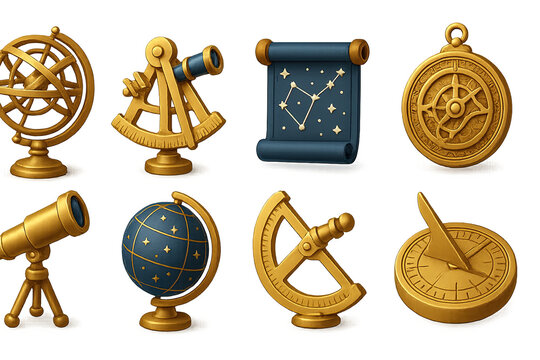 3D icons of ancient astronomy tools: armillary sphere, sextant, star chart, astrolabe telescope, celestial globe, quadrant, sundial. Scholarly cosmic 3D design