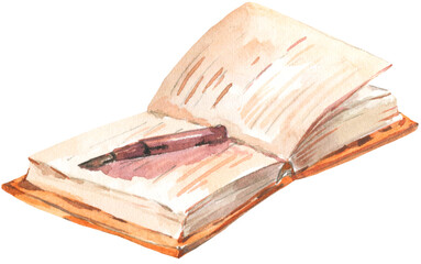 old book isolated with a pen on white watercolor transparent PNG illustration