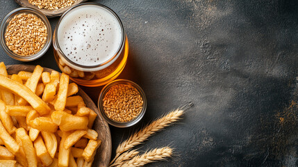 Fish and chips with malt vinegar, served with a pint of English ale.