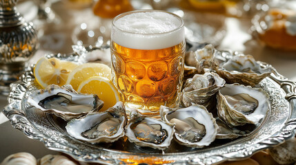 Seafood platter with beer, oysters, clams, lemon wedges, and a light pilsner