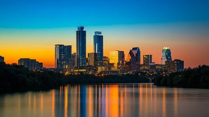 Obraz premium Stunning Austin Texas Skyline at Sunset Golden Hour Cityscape Urban Panorama Beautiful Modern Architecture Buildings River Reflection Vibrant Colors Evening Twilight Night Cityscape View Real Image 